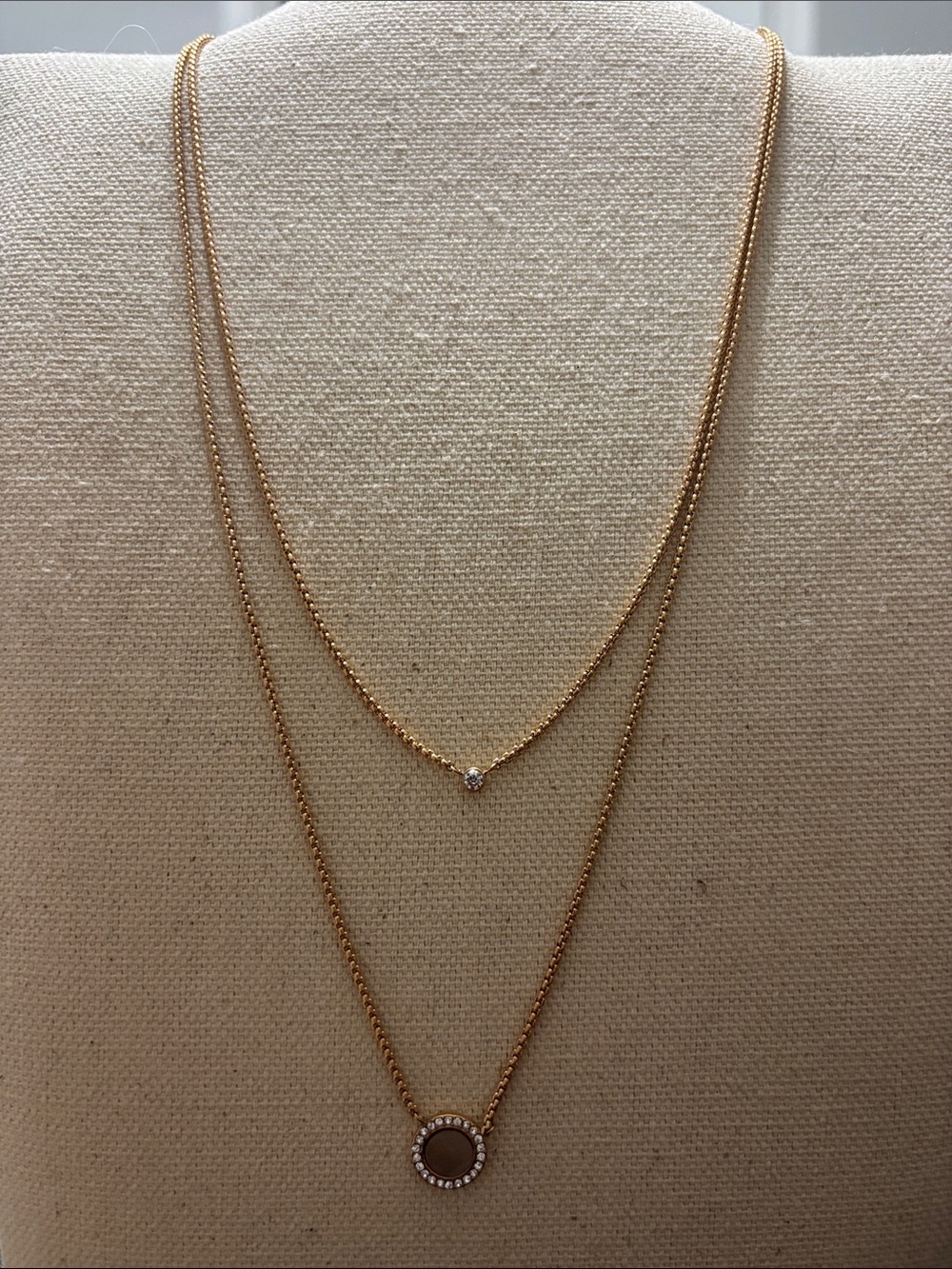 Fossil Rose Gold Double-Layer Pendant Necklace with Crystal Accents